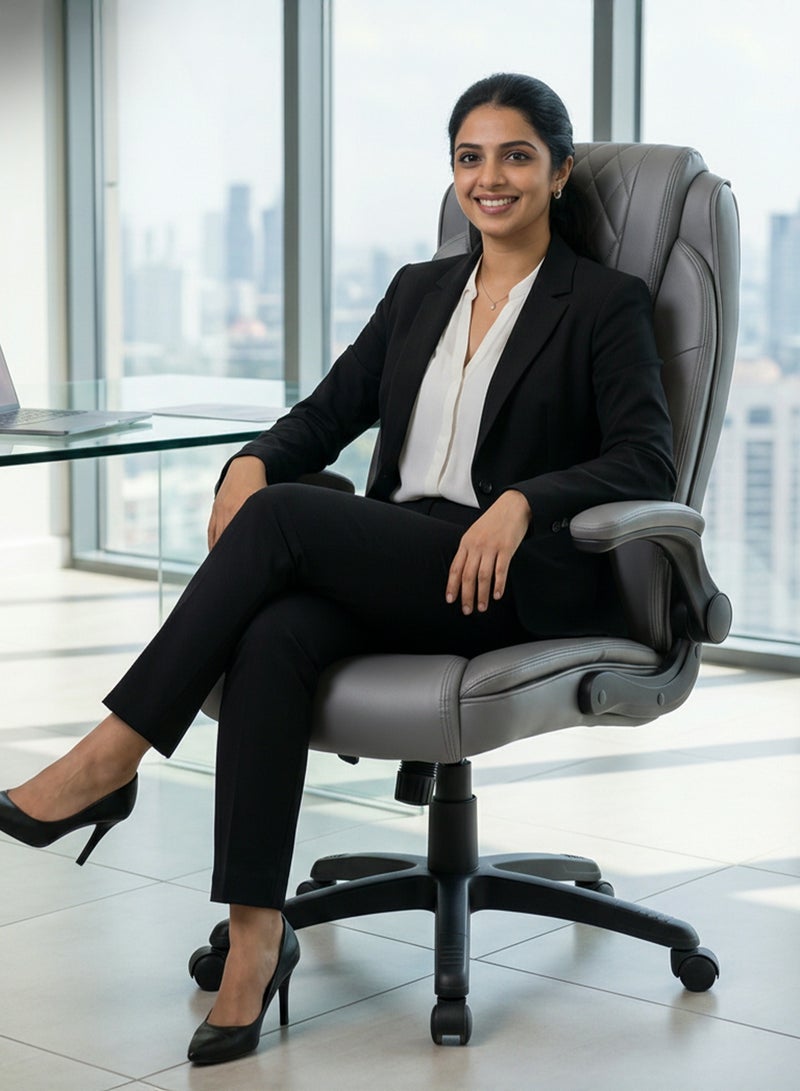 DROGO Ergonomic Premium Leatherette Office Chair for Work at Home, Computer Chair with Flip-Up Armrest, Height Adjustable Leather Seat, Cushioned Headrest, & Lumbar Support | Desk Chair with Multi Level Reclining Grey - Image 2